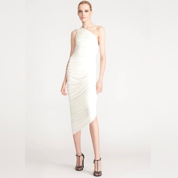 NWT Halston Reia White One Shoulder Ruched Asymmetrical Dress - Picture 1 of 16
